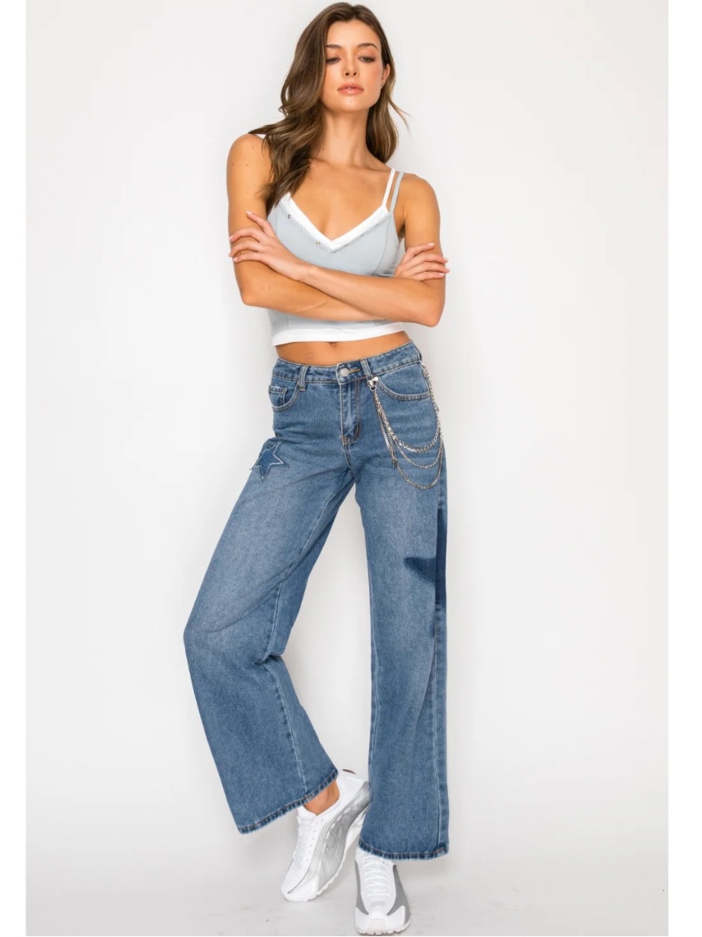 Cali 1850 Low Rise Rhinestoned Star Patch Baggy Jeans